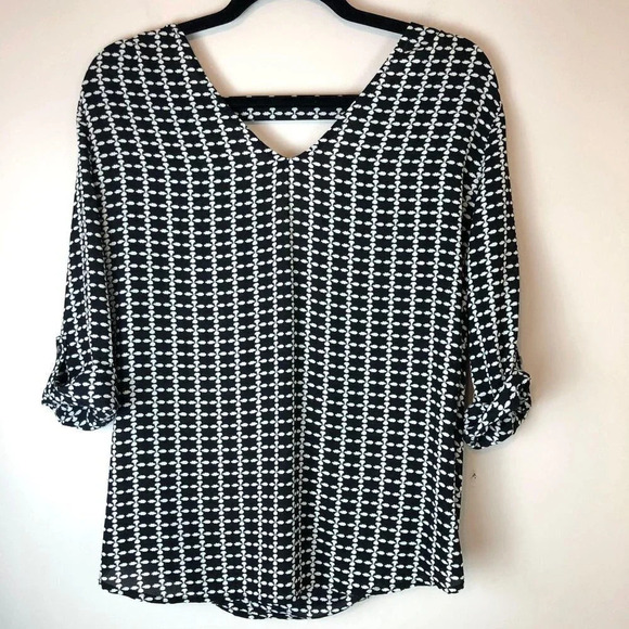 Pleione | Black & White Patterned Wrapped Blouse - Picture 1 of 7
